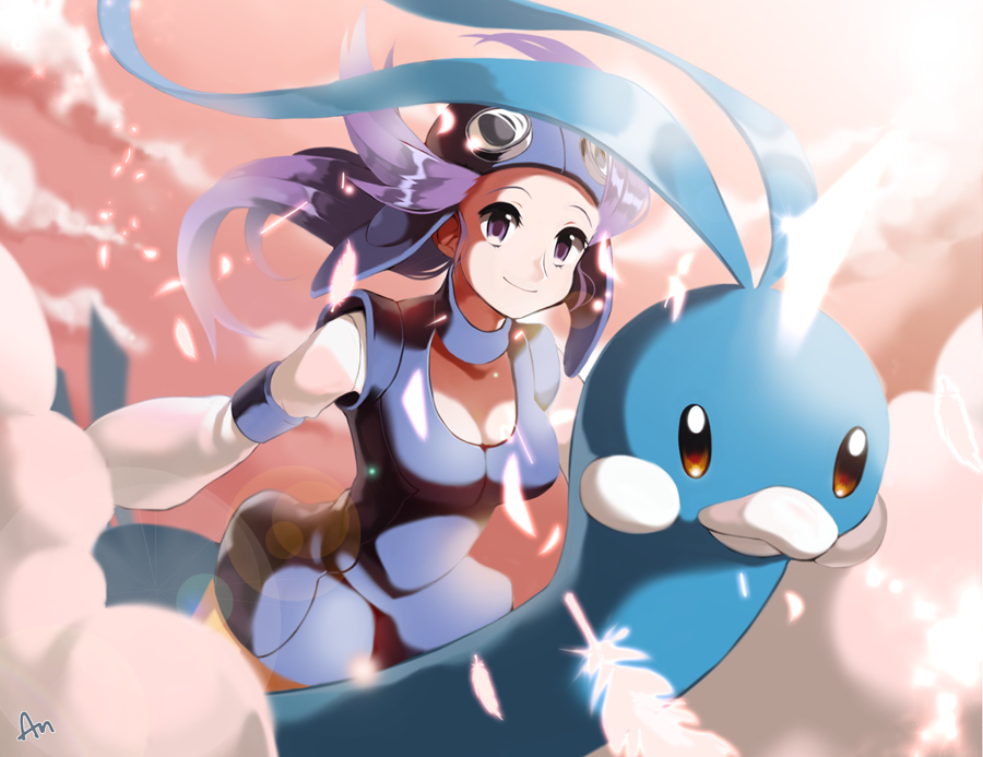 1girl altaria anpolly aviator_goggles aviator_hat aviator_helmet bird breasts choker cleavage cloud collar feather female flying goggles goggles_on_head gym_leader helmet large_breasts light long_hair nagi_(pokemon) outstretched_arm outstretched_arms pokemon pokemon_(creature) pokemon_(game) purple_eyes purple_hair riding sitting sky smile source_request sunlight sunrise sunset