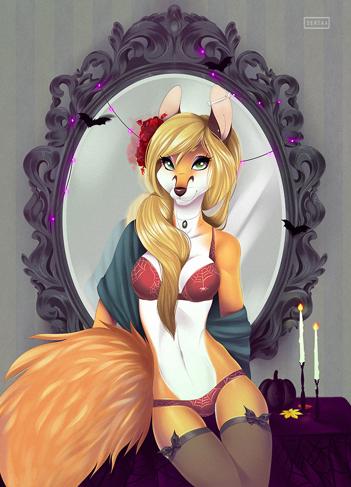 2016 anthro bat blonde_hair bra breasts candle canine clothing decorations ear_piercing female food fox fruit green_eyes hair halloween holidays invalid_tag jewelry lights lingerie looking_at_viewer mammal mirror navel necklace panties piercing pumpkin sertaa smile solo underwear