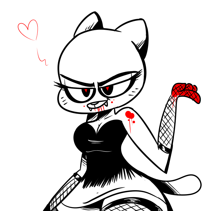 &lt;3 anthro blood blood_on_face blood_on_hands blood_on_mouth blood_on_shoulder breasts cartoon_network cat cleavage clothed clothing dress elbow_gloves fangs feline female fishnet flutteringpie fur gloves legwear mammal mature_female mother nicole_watterson parent solo the_amazing_world_of_gumball thigh_highs vampire whiskers