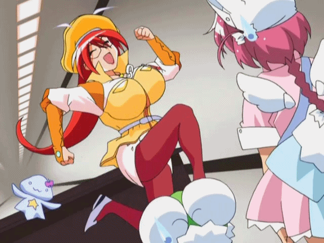 00s 2girls animated animated_gif back belt bounce bouncing_breasts braid breasts cleavage eyes_closed female glasses hat huge_breasts indoors jacket jewelry jumping lipstick long_hair magical_teacher_komachi makeup multiple_girls nakahara_komugi nurse nurse_witch_komugi-chan pink_hair red_hair red_lips solo_focus sweatdrop talking teacher wings