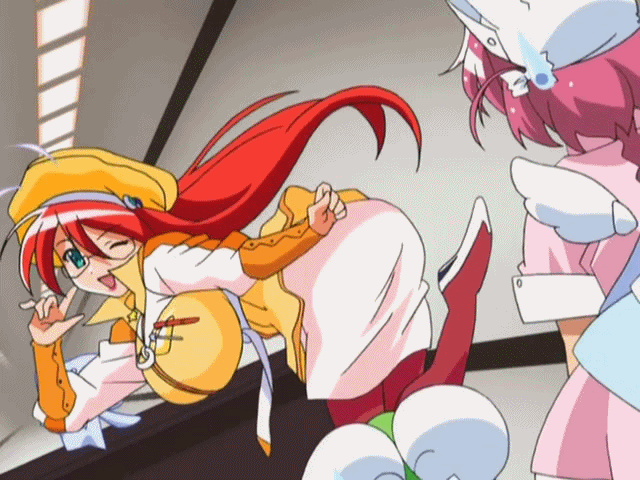 00s 2girls animated animated_gif ass back belt bent_over blush bounce bouncing_breasts breasts female glasses green_eyes hat huge_breasts indoors jacket jewelry lipstick long_hair magical_teacher_komachi makeup multiple_girls nakahara_komugi nurse nurse_witch_komugi-chan pink_hair red_hair red_lips solo_focus sweatdrop talking teacher