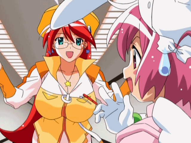 00s 2girls animated animated_gif belt blush bounce bouncing_breasts breasts bunny_ears cleavage earrings female glasses green_eyes hat huge_breasts indoors jacket jewelry jiggle lipstick long_hair magical_teacher_komachi makeup multiple_girls nakahara_komugi necklace nurse_witch_komugi-chan pink_eyes pink_hair red_hair red_lips star star_earrings star_necklace sweatdrop talking teacher