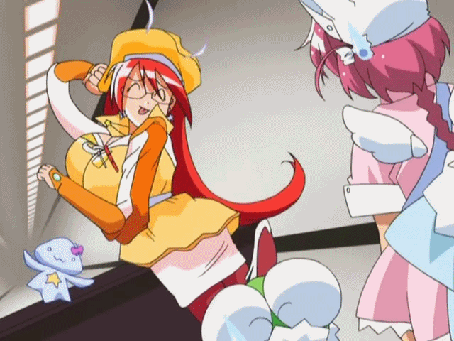 00s 2girls animated animated_gif back belt breasts cleavage earrings eyes_closed female glasses green_eyes hat huge_breasts indoors jacket jewelry leg_up lipstick long_hair magical_teacher_komachi makeup multiple_girls nakahara_komugi nurse nurse_witch_komugi-chan pink_hair red_hair red_lips solo_focus star star_earrings star_necklace sweatdrop talking teacher tongue tongue_out