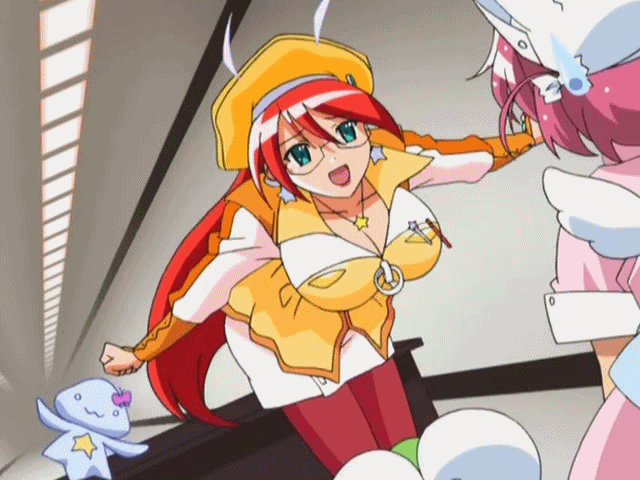00s 2girls animated animated_gif belt blush bounce bouncing_breasts breasts cleavage dancing earrings eyes_closed female glasses green_eyes hat huge_breasts indoors jacket jewelry jiggle leaning_forward leg_up lipstick long_hair magical_teacher_komachi makeup multiple_girls nakahara_komugi necklace nurse nurse_witch_komugi-chan pink_hair red_hair red_legwear red_lips skirt solo_focus star star_earrings star_necklace sweatdrop talking teacher