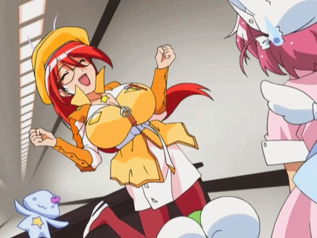00s 2girls animated animated_gif belt blush bounce bouncing_breasts breasts cleavage dancing eyes_closed female glasses green_eyes hat huge_breasts indoors jacket jewelry jiggle leg_up lipstick long_hair magical_teacher_komachi makeup multiple_girls nakahara_komugi nurse_witch_komugi-chan pink_hair red_hair red_legwear red_lips skirt solo_focus star star_necklace sweatdrop talking teacher