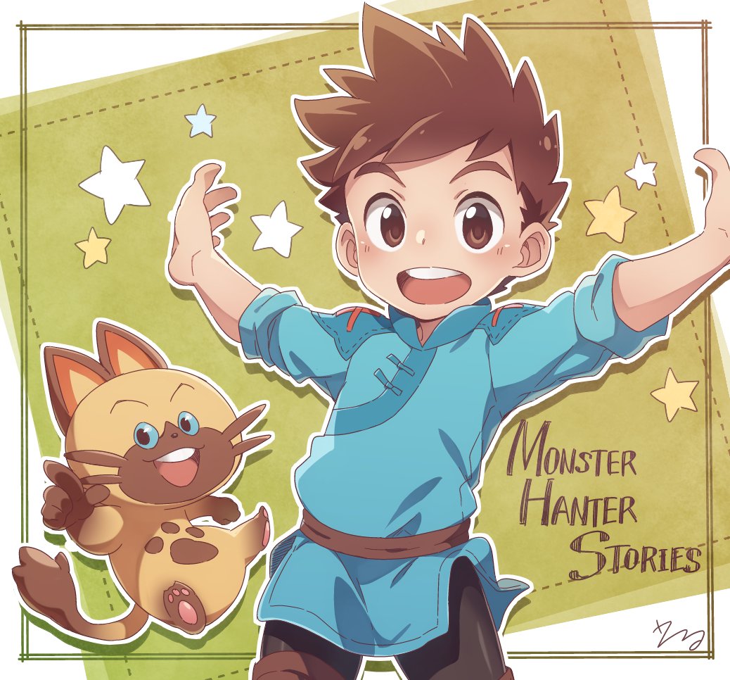 arms_up bad_id bad_twitter_id blue_sclera blue_shirt brown_eyes brown_hair cat copyright_name cowboy_shot felyne floating framed green_background keitomato looking_at_viewer male_focus monster_hunter monster_hunter_stories naville_(monster_hunter_stories) outstretched_arms pointing pointing_at_viewer ryuuto_(monster_hunter_stories) shirt signature smile spiked_hair spread_arms star typo