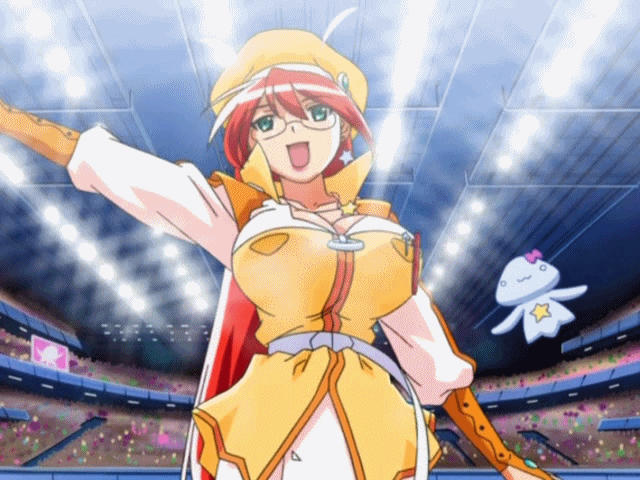 00s 1girl animated animated_gif arm_up belt bounce bouncing_breasts breasts cleavage crowd earrings female glasses green_eyes hat huge_breasts indoors jacket jewelry lights lipstick long_hair magical_teacher_komachi makeup necklace nurse_witch_komugi-chan red_hair red_lips solo stadium star star_earrings star_necklace teacher upper_body waving