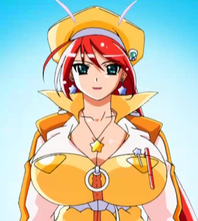 00s 1girl belt breasts cleavage earrings female glasses green_eyes hat huge_breasts indoors jacket jewelry lipstick long_hair magical_teacher_komachi makeup necklace nurse_witch_komugi-chan red_hair red_lips smile solo star star_earrings star_necklace teacher upper_body