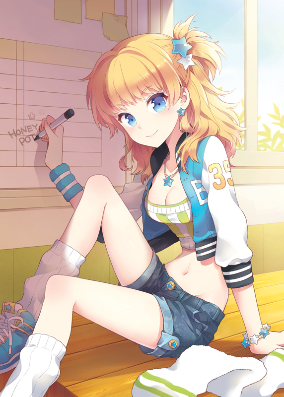 arm_support bad_id bad_pixiv_id blonde_hair blue_eyes bracelet breasts casual cleavage crop_top denim denim_shorts earrings english jacket jewelry letterman_jacket long_hair looking_at_viewer marker medium_breasts midriff nardack navel necklace one_side_up original pen shoes shorts sitting smile sneakers socks solo star strapless towel tubetop wristband