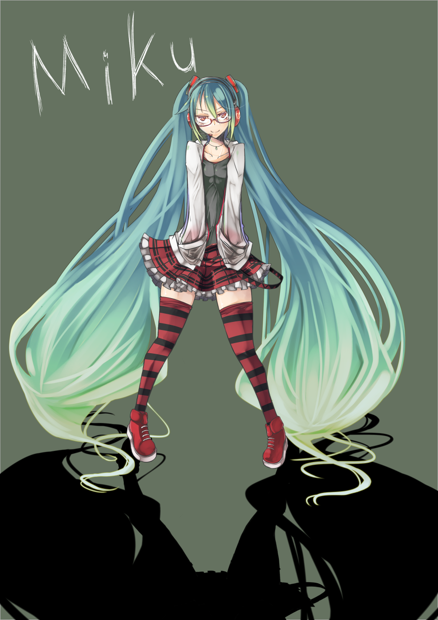 aqua_hair bad_id bad_pixiv_id bespectacled full_body glasses gradient_hair hatsune_miku headset highres jewelry kocchi_muite_baby_(vocaloid) legs long_hair mito_(calcomer) multicolored_hair natural_(module) necklace project_diva_(series) project_diva_2nd red_eyes shoes simple_background skirt smile solo standing striped striped_legwear thighhighs twintails very_long_hair vocaloid