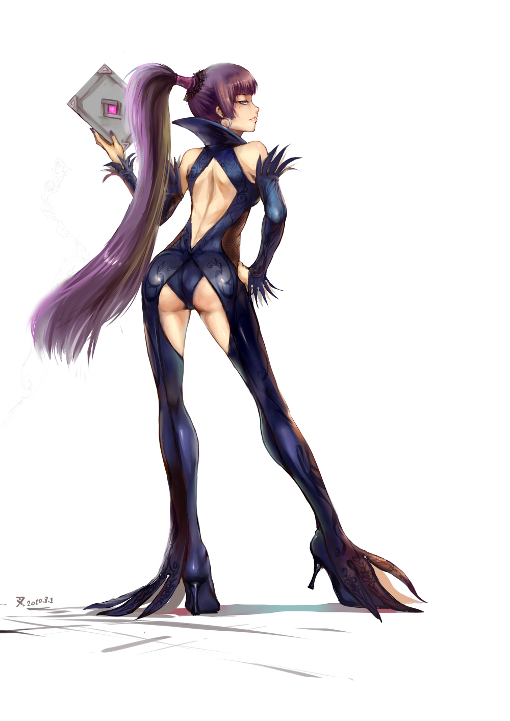 ass backless_outfit bare_back bare_shoulders blue_eyes book charimei detached_sleeves dragon_nest earrings full_body hand_on_hip high_heels highres jewelry legs long_hair looking_back nail_polish ponytail purple_hair purple_nails shoes simple_background solo sorceress_(dragon_nest) standing very_long_hair