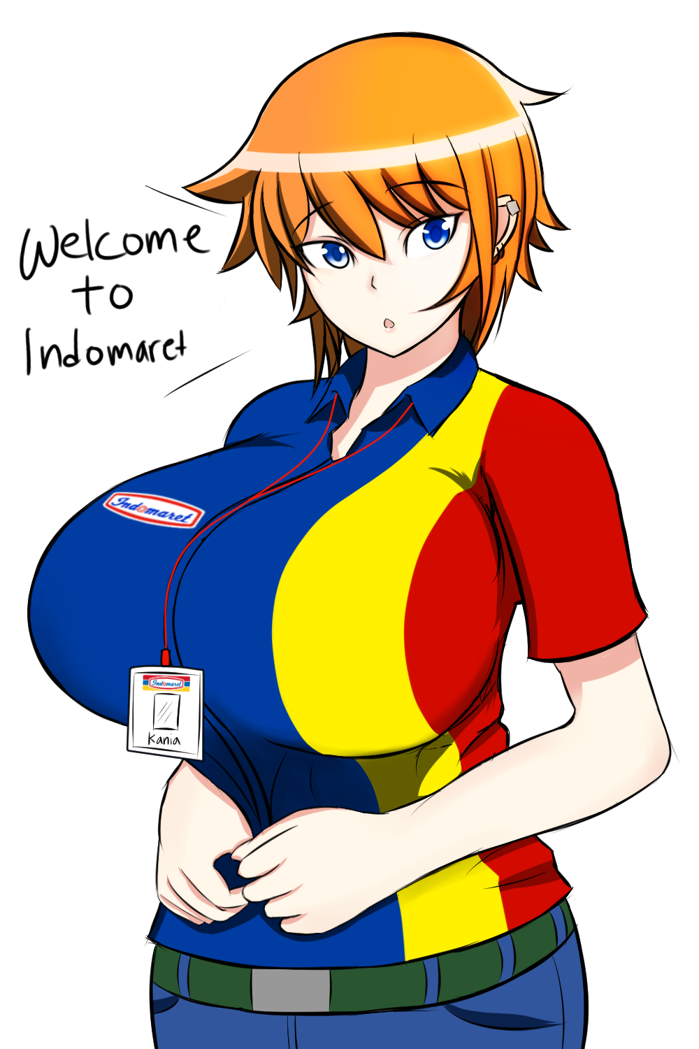 1girl ahrs blue_eyes breasts female huge_breasts nametag orange_hair simple_background solo text uniform white_background