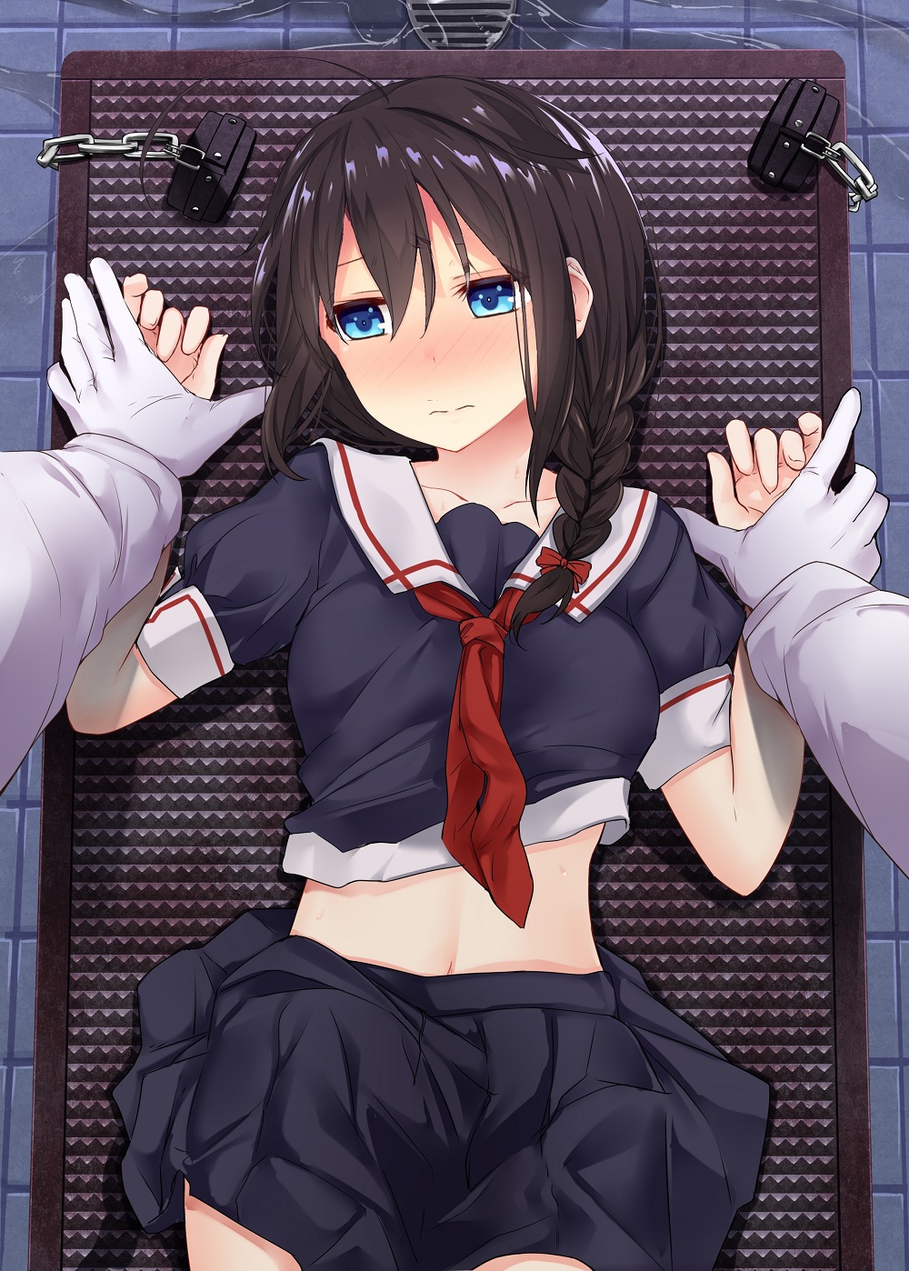 1boy 1girl ahoge black_hair black_serafuku black_skirt blue_eyes blush braid edited embarrassed gloves hair_flaps hair_over_shoulder hair_ribbon kantai_collection long_hair lying military military_uniform mujakuma naval_uniform navel neckerchief on_back photoshop pleated pov ribbon school_uniform serafuku shigure_(kantai_collection) single_braid skirt solo_focus sweat uniform white_gloves wrist_grab