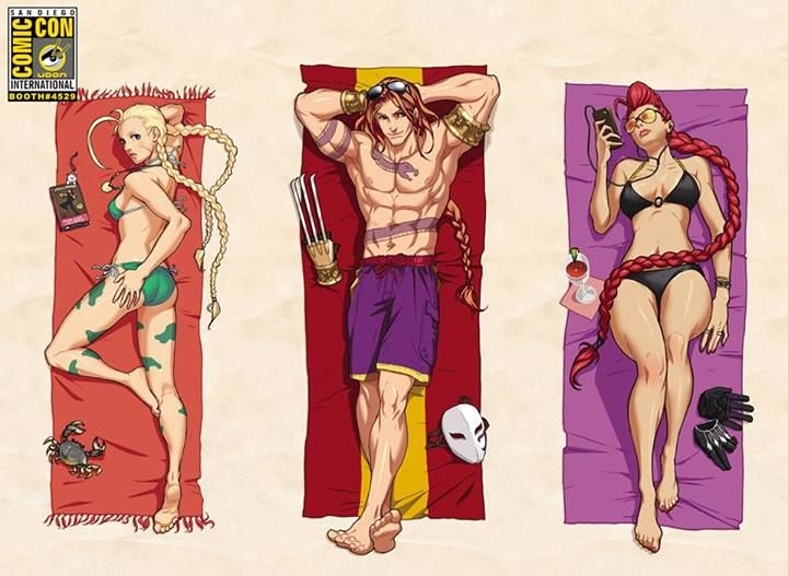 2girls abs ahoge armlet arms_behind_head arnold_tsang ass balrog barefoot beach_towel bikini black_bikini blonde_hair bodypaint braid breasts cammy_white camouflage claw_(weapon) cocktail_glass collage crab crimson_viper cup dakimakura digital_media_player drinking_glass earbuds earphones eyewear_on_head feet gloves gloves_removed green_bikini hand_on_own_ass huge_ahoge lips long_hair lying mask mask_removed mature medium_breasts multiple_girls muscle odd_one_out on_back on_stomach red_hair shirtless shorts side-tie_bikini single_braid small_breasts soles street_fighter sunglasses swimsuit tan tattoo toes towel twin_braids udon_entertainment very_long_hair weapon wide_hips