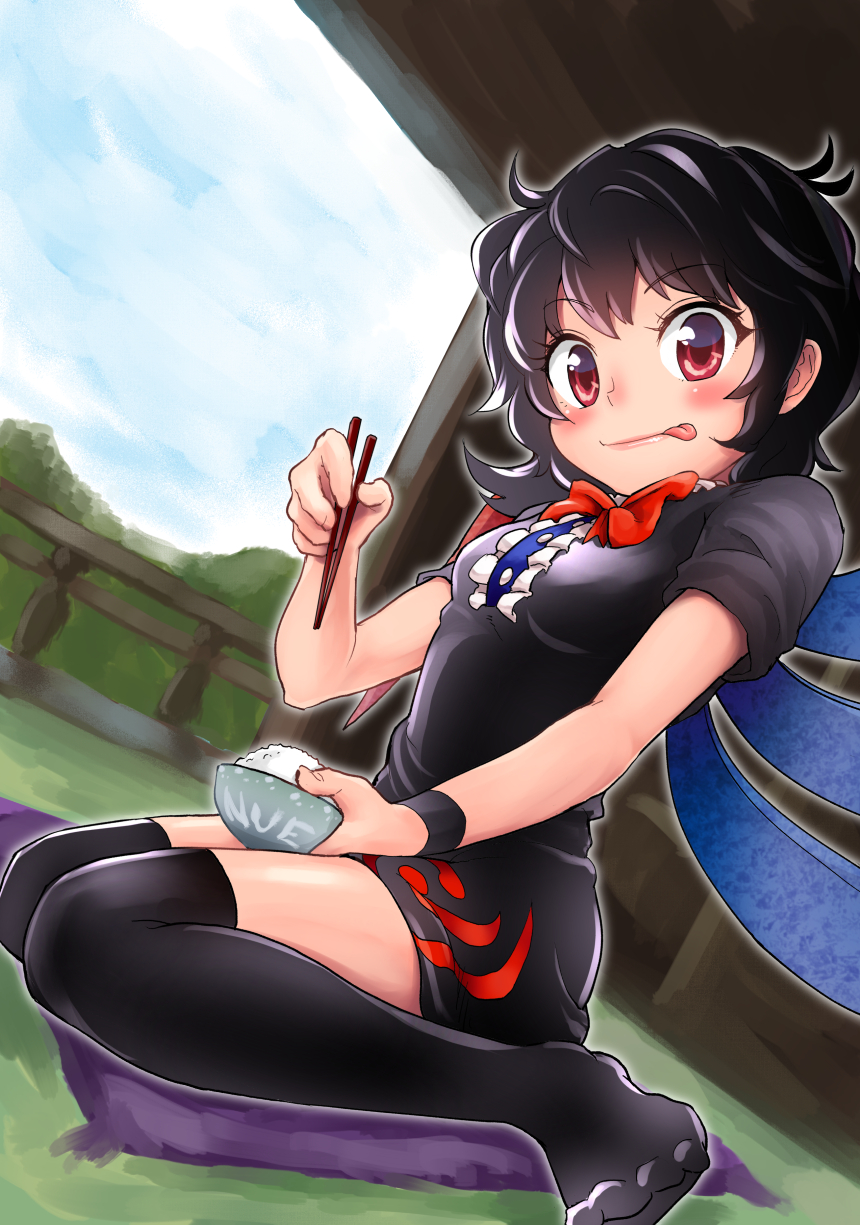 asymmetrical_wings bangs black_dress black_hair black_legwear bow bowl bowtie breasts chopsticks cloud cloudy_sky day dress eyebrows eyebrows_visible_through_hair food goroumaru highres holding holding_bowl houjuu_nue looking_at_viewer miniskirt pink_lips red_bow red_eyes rice rice_bowl sitting skirt sky small_breasts solo tongue tongue_out touhou wariza wings