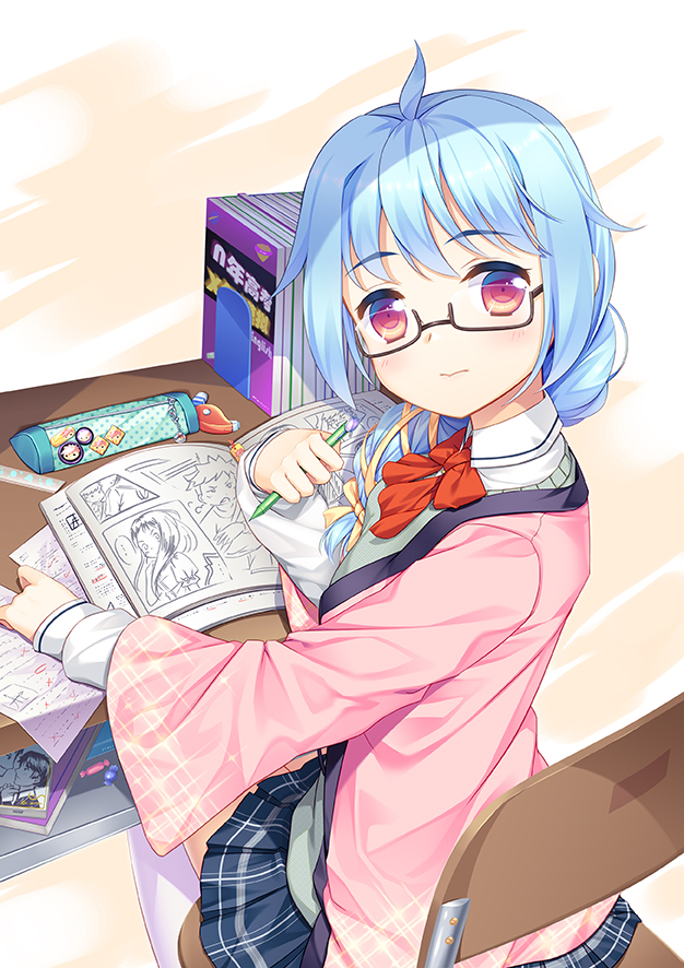 33paradox 3: ahoge blue_hair blue_skirt book book_stack book_stand bow bowtie braid candy chair correction_fluid desk food glasses hair_bow hair_ribbon light_brown_background long_hair looking_at_viewer manga_(object) mechanical_pencil original paper pencil pencil_case pink_coat plaid plaid_skirt purple_eyes red_bow red_neckwear ribbon ruler school_desk school_uniform semi-rimless_eyewear single_braid skirt solo under-rim_eyewear yellow_bow yellow_ribbon