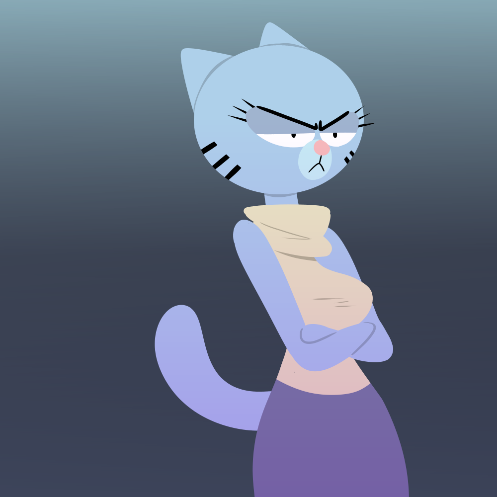 2016 angry anthro blue_fur cartoon_network cat clothed clothing crossed_arms digital_media_(artwork) feline female flutteringpie fur mammal nicole's_mom simple_background solo the_amazing_world_of_gumball turtleneck whiskers