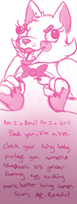 ambiguous_gender animatronic bow_tie canine derp_eyes english_text eyelashes fox funtime_foxy_(fnafsl) humor lipstick machine mammal open_mouth pink_theme robot sister_location solo text triggered unknown_artist what