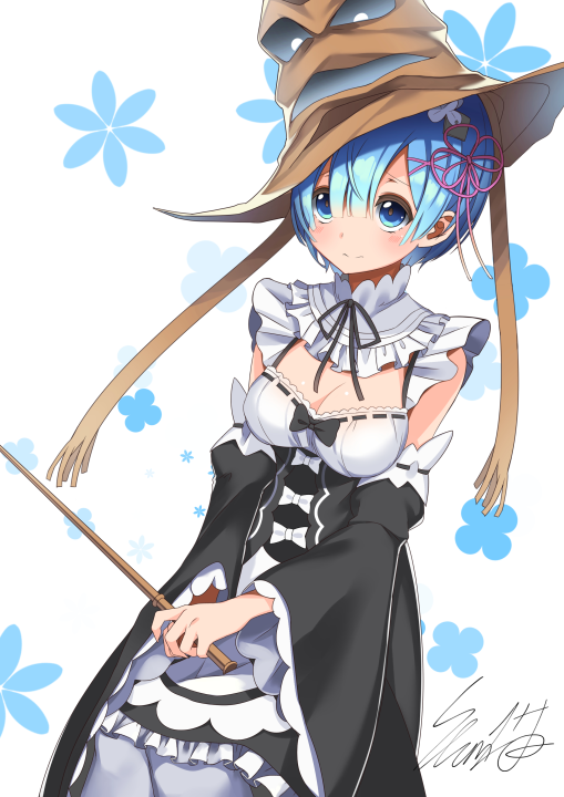 blue_hair dress harry_potter hat maid pantyhose re:zero_kara_hajimeru_isekai_seikatsu rem_(re:zero) slumcat solo sorting_hat