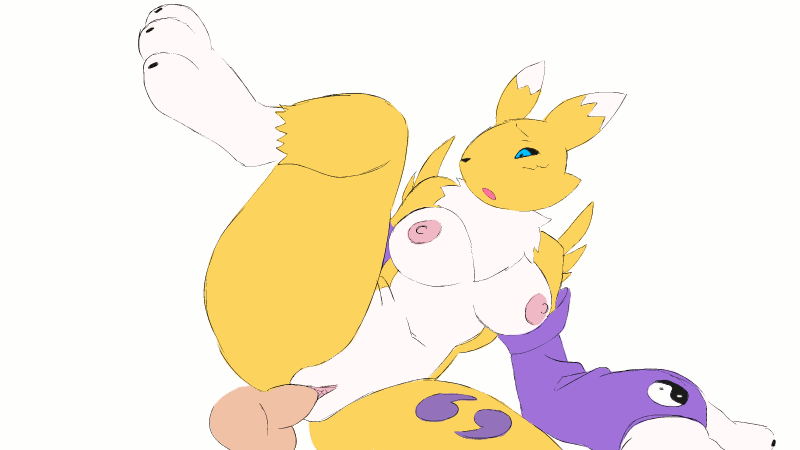 animated anthro balls black_sclera blue_eyes bouncing_breasts breasts chest_tuft digimon digimon_(species) disembodied_penis edit female from_behind_(disambiguation) fur lil-heartache male nipples nude penetration penis pussy raised_leg renamon sex simple_background tuft vaginal vaginal_penetration yellow_fur