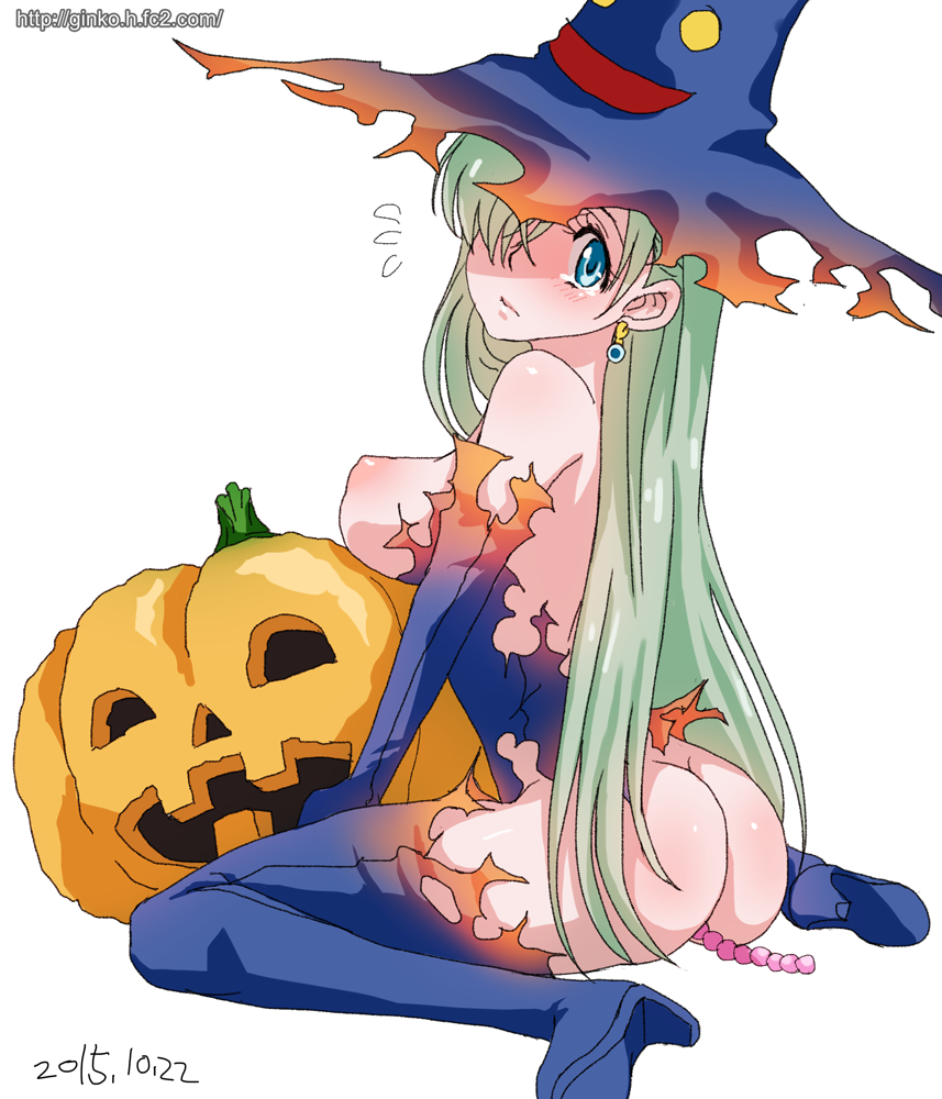 1girl anal anal_beads anal_insertion ass blue_boots blue_eyes blue_legwear blush boots breasts butt_crack dated earrings elizabeth_liones female functionally_nude ginko_(silver_fox) hair_over_one_eye halloween hat high_heel_boots high_heels insertion jack-o'-lantern jewelry long_hair looking_at_viewer naked_boots nanatsu_no_taizai nipples nude posterior_cleavage shoes short_hair silver_hair sitting solo sweatdrop tears thigh_boots thighhighs torn_clothes wariza web_address witch_hat