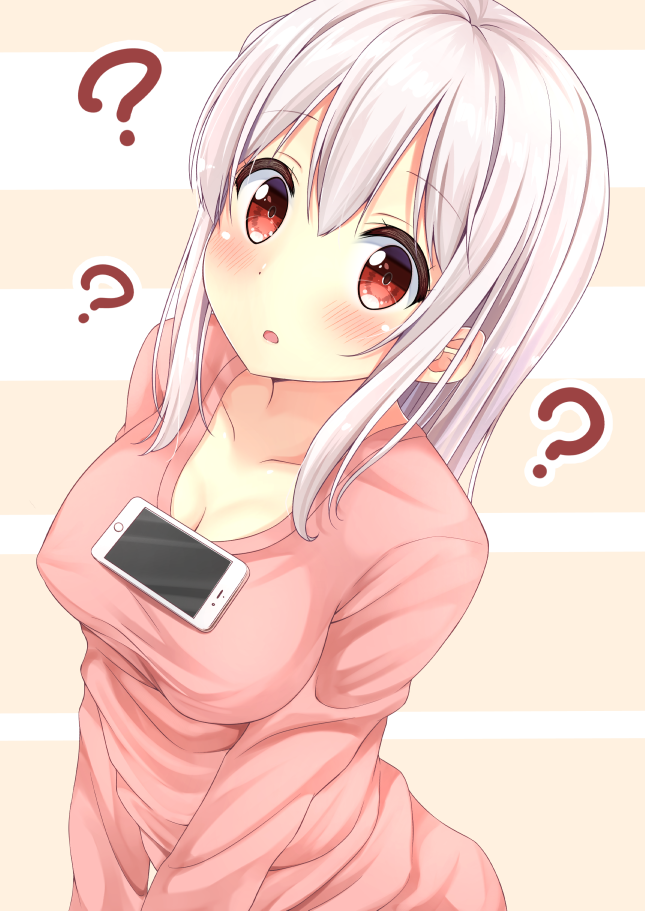? blush breasts cellphone cleavage collarbone covered_nipples eyebrows eyebrows_visible_through_hair karutamo long_hair looking_at_viewer looking_up medium_breasts medium_hair no_bra object_on_breast open_mouth original phone pink_sweater red_eyes shiny shiny_skin smartphone solo sweater tawawa_challenge tisshu_(karutamo) upper_body v_arms white_hair
