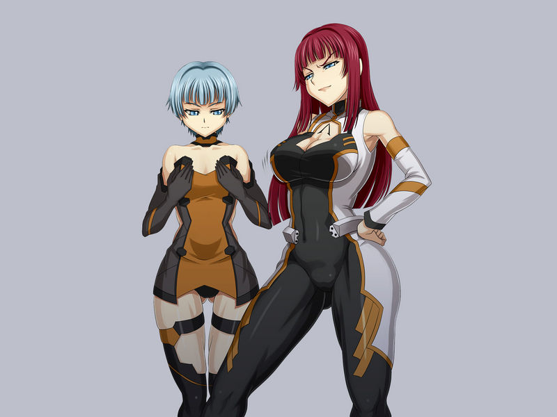 2girls android another_century's_episode another_century's_episode:_r autumn_four autumn_one bangs banpresto blue_hair cutout detached_collar detached_sleeves gloves maroon_hair multiple_girls red_hair short_hair thighhighs