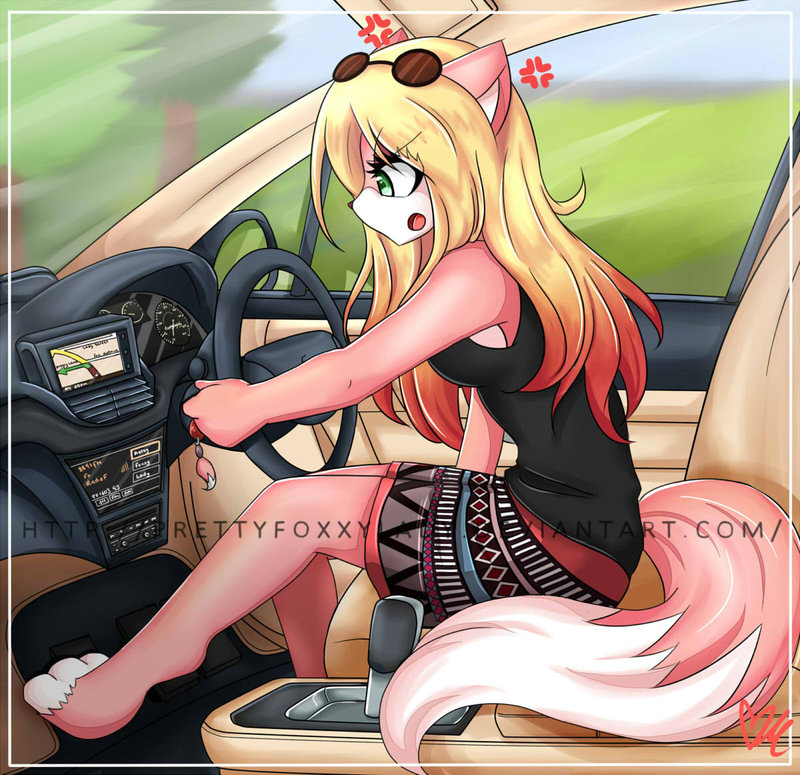 &lt;3 angry anthro canine car clothing cute eyewear female fox green_eyes hair mammal oddly_sexy open_mouth prettyfoxxylady_(artist) sunglasses tree url vehicle