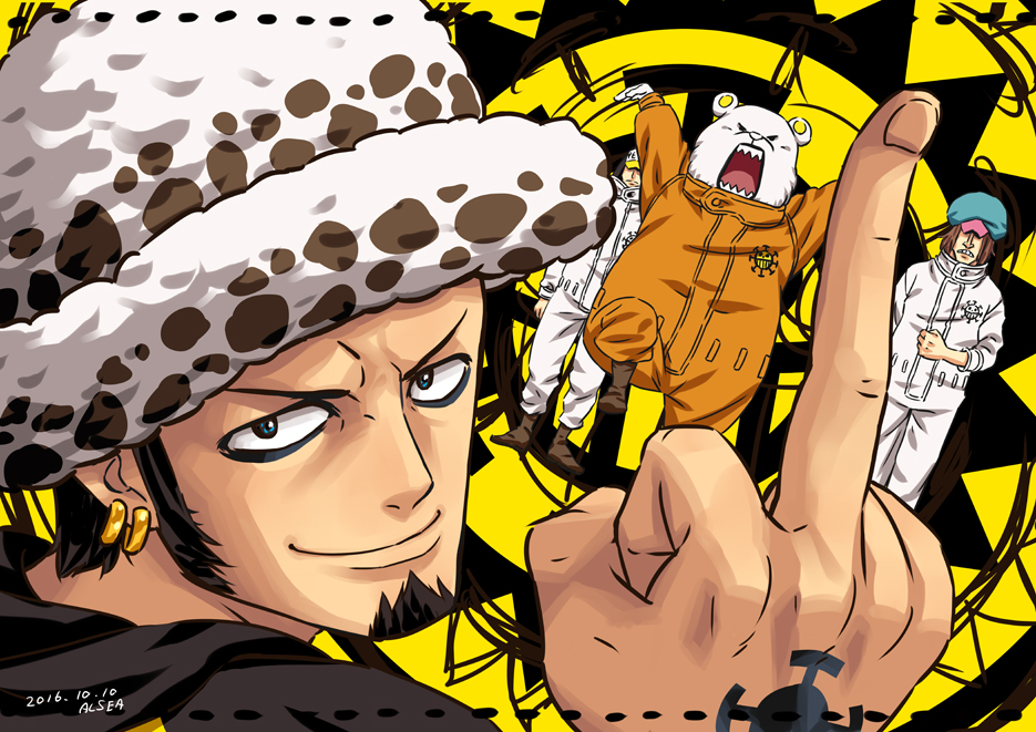 alsea bepo black_hair commentary_request earrings facial_hair hat jewelry looking_at_viewer male_focus middle_finger multiple_boys one_piece penguin_(one_piece) shachi_(one_piece) smile standing standing_on_one_leg trafalgar_law