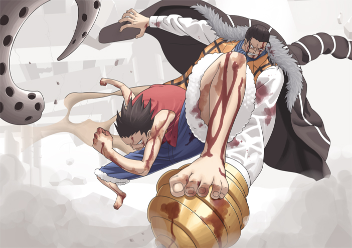 &gt;:( alsea bare_arms barefoot battle black_hair blood blood_on_face bloody_clothes bloody_hands broken clenched_hands clenched_teeth duel dust frown fur_coat hook_hand long_sleeves male_focus monkey_d_luffy multiple_boys no_hat no_headwear one_piece sand scar shirt shorts sir_crocodile teeth v-shaped_eyebrows vest