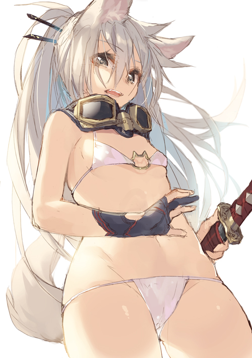 animal_ears bikini breasts cowboy_shot fox_ears fox_girl fox_tail gloves goggles goggles_around_neck hair_between_eyes hair_ornament hair_stick katou_itsuwa long_hair looking_at_viewer lowleg lowleg_bikini o-ring o-ring_bikini o-ring_top original partly_fingerless_gloves silver_eyes silver_hair simple_background sketch small_breasts solo swimsuit sword tail weapon white_background