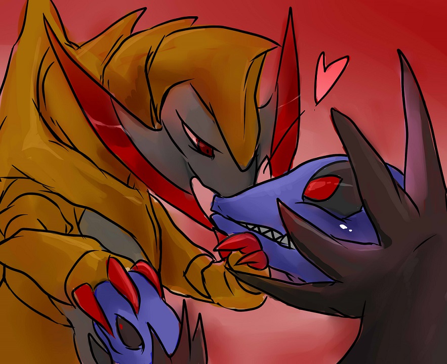 &lt;3 2013 duo hand_holding haxorus hydreigon kissing nintendo pok&eacute;mon red_background simple_background video_games にしくんsp