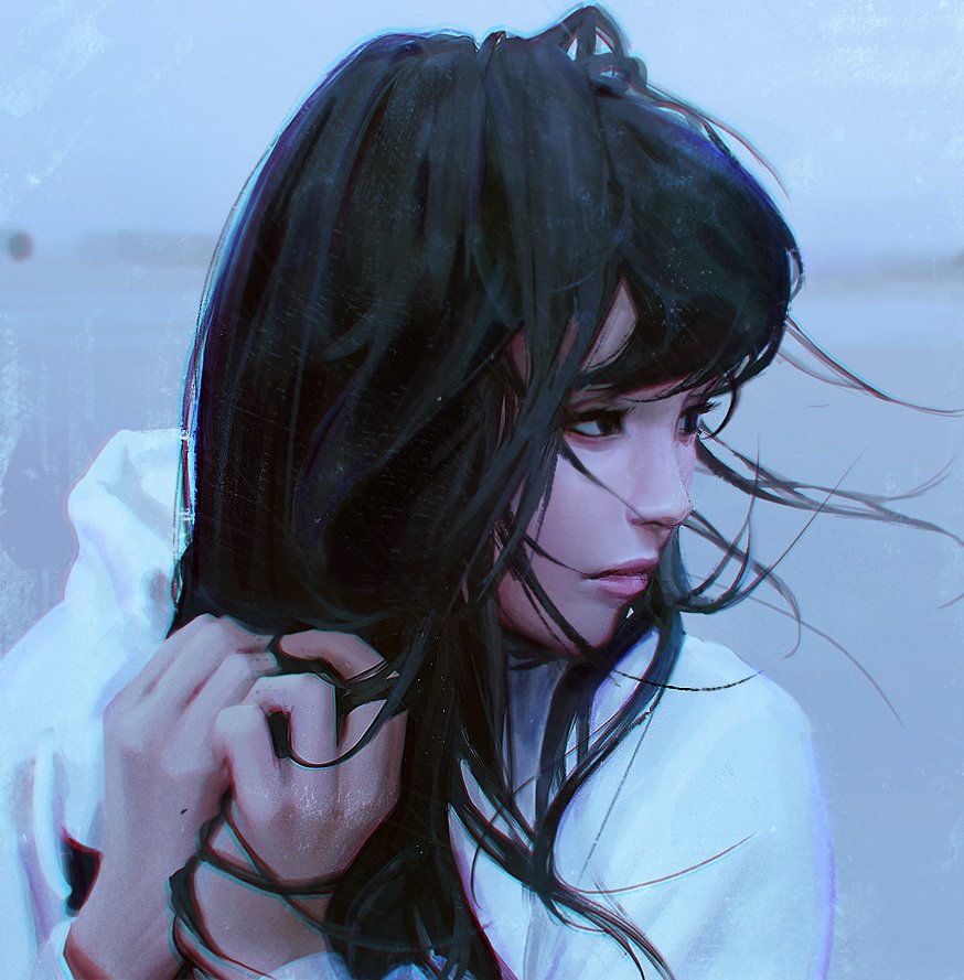 asian black_eyes black_hair chromatic_aberration closed_mouth commentary empty_eyes guweiz hands_together ilya_kuvshinov_(style) lips looking_afar mioto_hanazawa nose original photo-referenced portrait real_life realistic solo sweater upper_body white_sweater