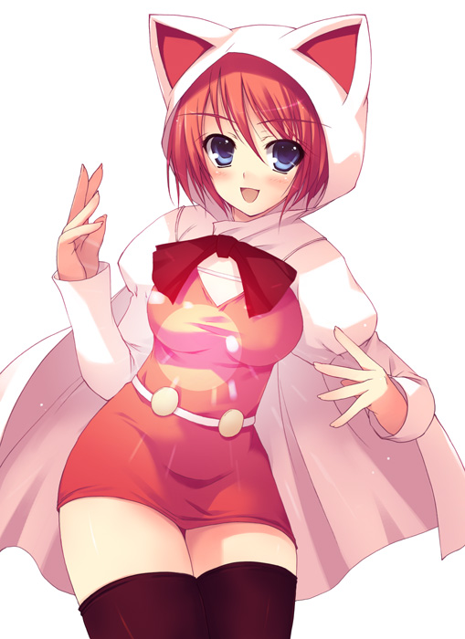 :d animal_ears animal_hood bangs blue_eyes blush bob_cut bow cat_ears cat_hood cloak devout dress final_fantasy final_fantasy_v glowing hood hooded_cloak lenna_charlotte_tycoon long_sleeves magic open_mouth red_hair seer short_dress short_hair simple_background smile solo standing thigh_gap thighhighs tomose_shunsaku white_background white_mage zettai_ryouiki