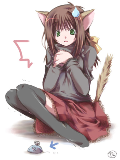 1girl animal_ears artist_request brown_hair cat_ears clockwork copyright_request green_eyes mouse ribbon scared solo sweatdrop tail thighhighs toy winding_key