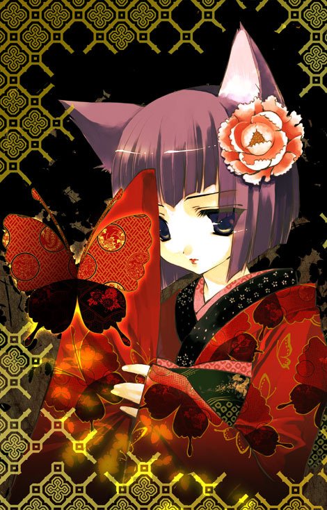 amber_eyes animal_ears butterfly cat_ears flower japanese_clothes kimono nekomimi purple_hair short_hair yellow_eyes