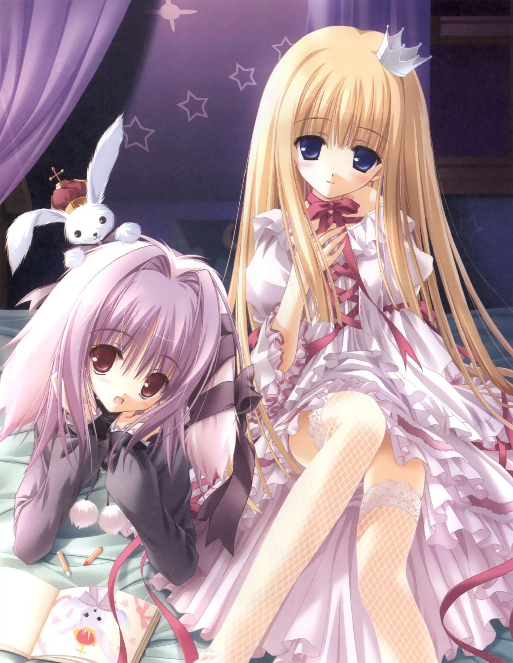 animal_ears aria_(magical_tale) bed blonde_hair blue_eyes book bunny_ears choker cross-laced_clothes crown dress farfa fishnet_legwear fishnets frills gathers hair_ribbon highres indoors lace lace-trimmed_thighhighs lolita_fashion long_hair magical_tale multiple_girls purple_eyes purple_hair ribbon ribbon_choker stuffed_animal stuffed_bunny stuffed_toy thighhighs tinker_bell very_long_hair white_legwear
