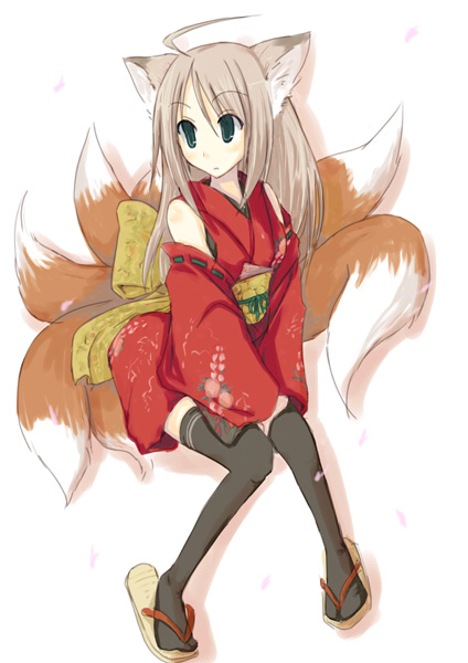 animal_ears copyright_request fox_ears fuchuu japanese_clothes solo tail thighhighs zettai_ryouiki