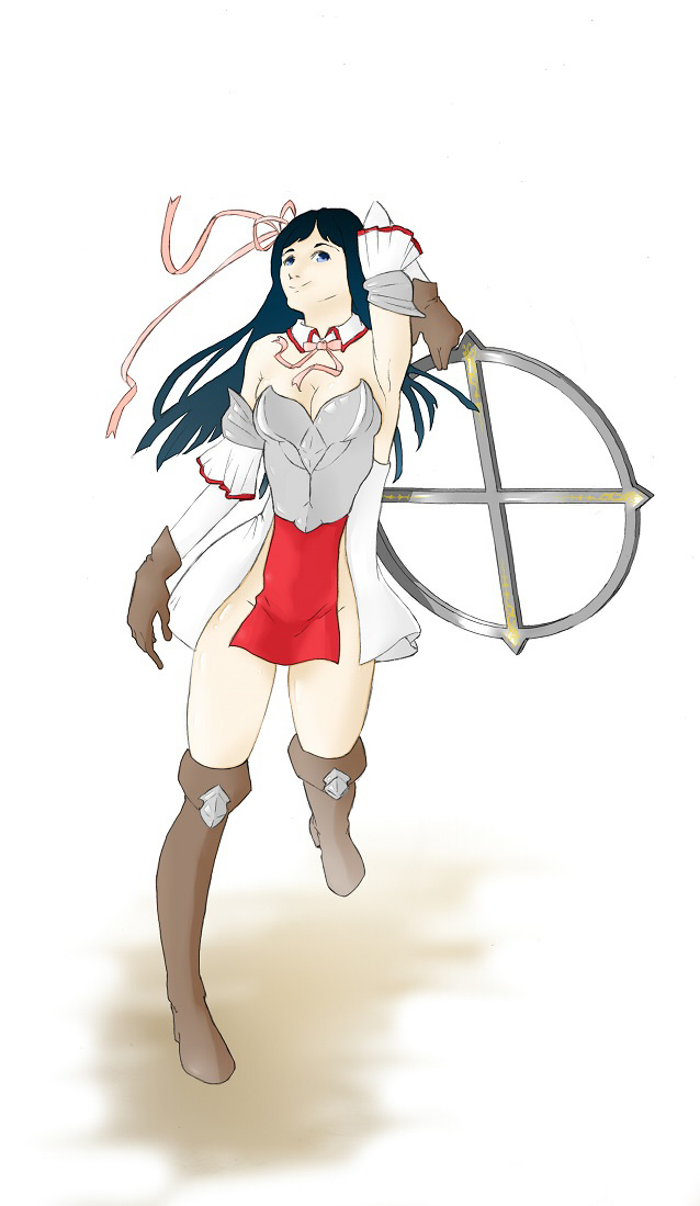 9x9 armor armpits boots clothing female footwear gloves hair human long_hair looking_at_viewer mammal not_furry pointless_armor pose ribbons simple_background solo weapon