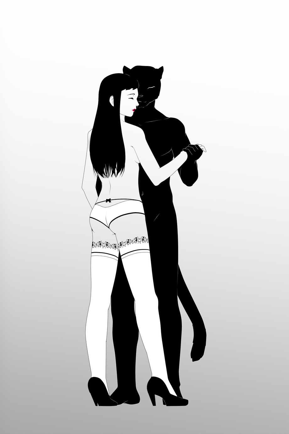 9x9 black_panther clothed clothing eyes_closed feline female footwear hair high_heels human legwear leopard lingerie lipstick long_hair male male/female mammal melanism nude panther simple_background stockings topless
