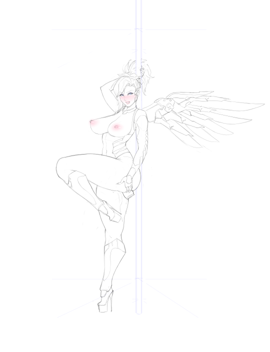 1girl anal blush breasts dildo female full_body high_heels leg_lift legs lm_(legoman) looking_at_viewer mercy_(overwatch) monochrome nipples overwatch ponytail pussy_juice solo standing standing_on_one_leg thick_thighs thighs wings