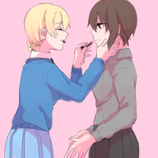applying_makeup bad_id bad_twitter_id black_neckwear blue_sweater brown_eyes brown_hair closed_eyes darjeeling dress_shirt girls_und_panzer hand_on_another's_face henpei_saboten holding kuromorimine_school_uniform lipstick_tube looking_at_another mouth_hold multiple_girls necktie nishizumi_maho pink_background shirt sketch smile st._gloriana's_school_uniform sweater white_shirt yuri