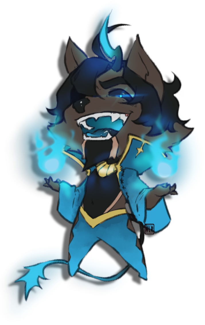 anthro canine chibi clothed clothing demon facial_hair goatee horn hybrid looking_at_viewer magic male mammal nlr_domain open_mouth smile solo standing