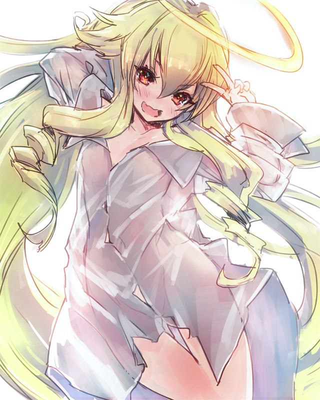 angelia_avallone arcana_heart arcana_heart_2 blonde_hair blush halo long_hair naked_shirt open_mouth oro_(sumakaita) shirt smile solo v yellow_eyes