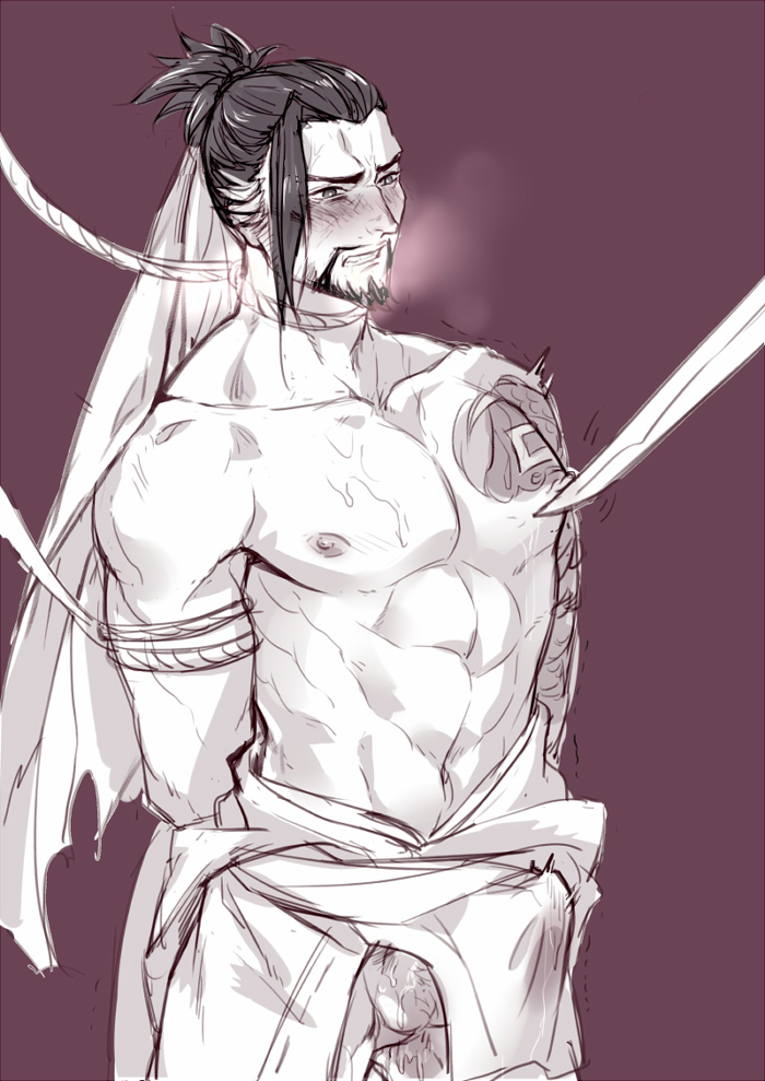 1boy abs bara beard blush brothers bulge clenched_teeth facial_hair genji_(overwatch) hanzo_(overwatch) male_focus monochrome muscle nipples overwatch pecs restrained ropes siblings solo solo_focus steam sword teeth weapon yaoi