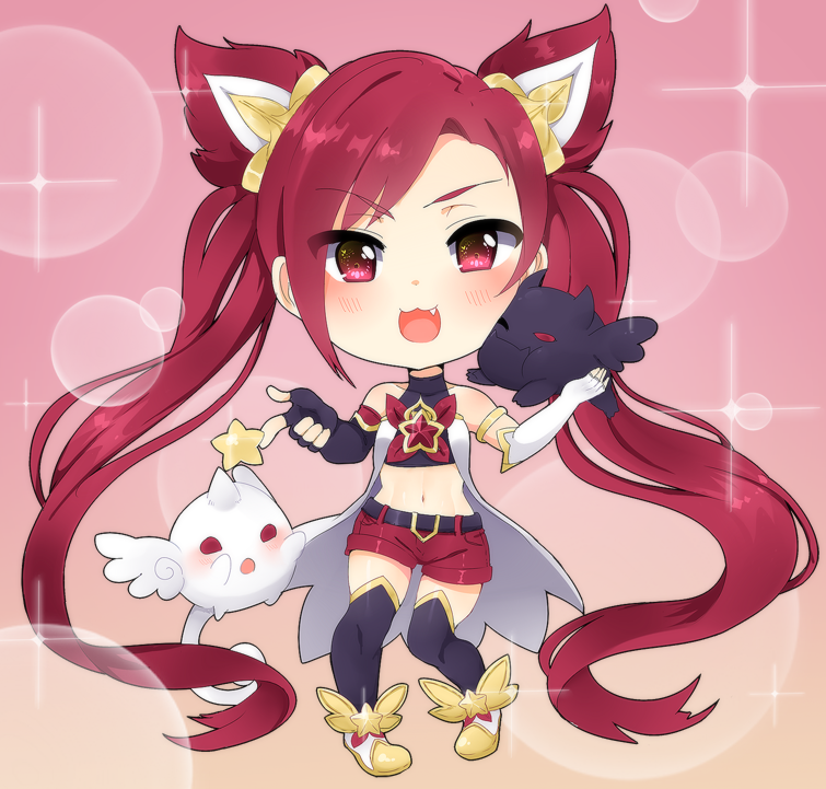 :3 alternate_costume alternate_hair_color chibi elbow_gloves fang fingerless_gloves gloves jinx_(league_of_legends) kuro_(league_of_legends) league_of_legends long_hair magical_girl red_hair shiro_(league_of_legends) shorts solo star_guardian_jinx thighhighs tied_hair twintails very_long_hair