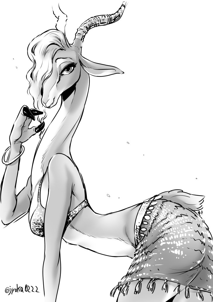 antelope anthro bent_over breasts clothing disney female fur gazelle_(zootopia) hooves horn jewelry jyoka looking_at_viewer mammal simple_background solo white_background zootopia