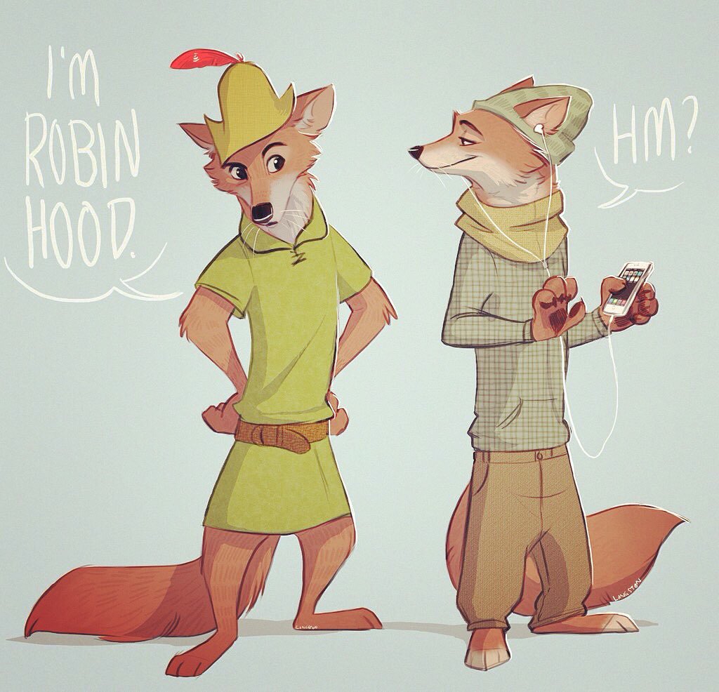 anthro barefoot black_nose canine claws clothing disney duo fox fur hipster ipod male mammal orange_fur pawpads ritwell robin_hood robin_hood_(disney) text