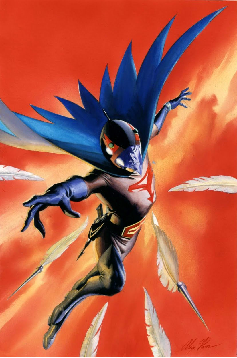 70s alex_ross antennae belt bodysuit boots cape dart energy_gun eyelashes feathers gatchaman gloves helmet highres holster insignia joe_the_condor jumping looking_at_viewer male_focus official_style oldschool ray_gun realistic scan serious signature solo throwing traditional_media visor watch weapon wings