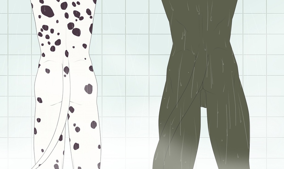 9x9 balls black_panther butt canine dalmatian dog feline leopard male mammal melanistic muscular nude panther shower standing